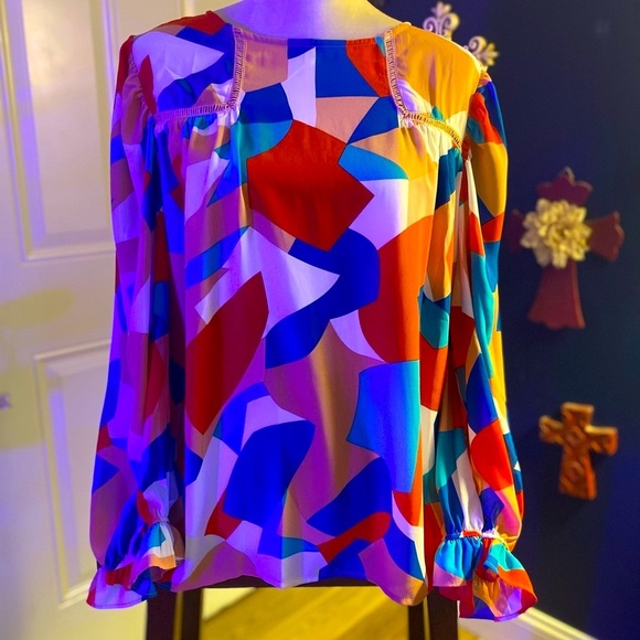 Vintage Colorful Blouse with Bib Collar and Ruffle Sleeves - Picture 1 of 6